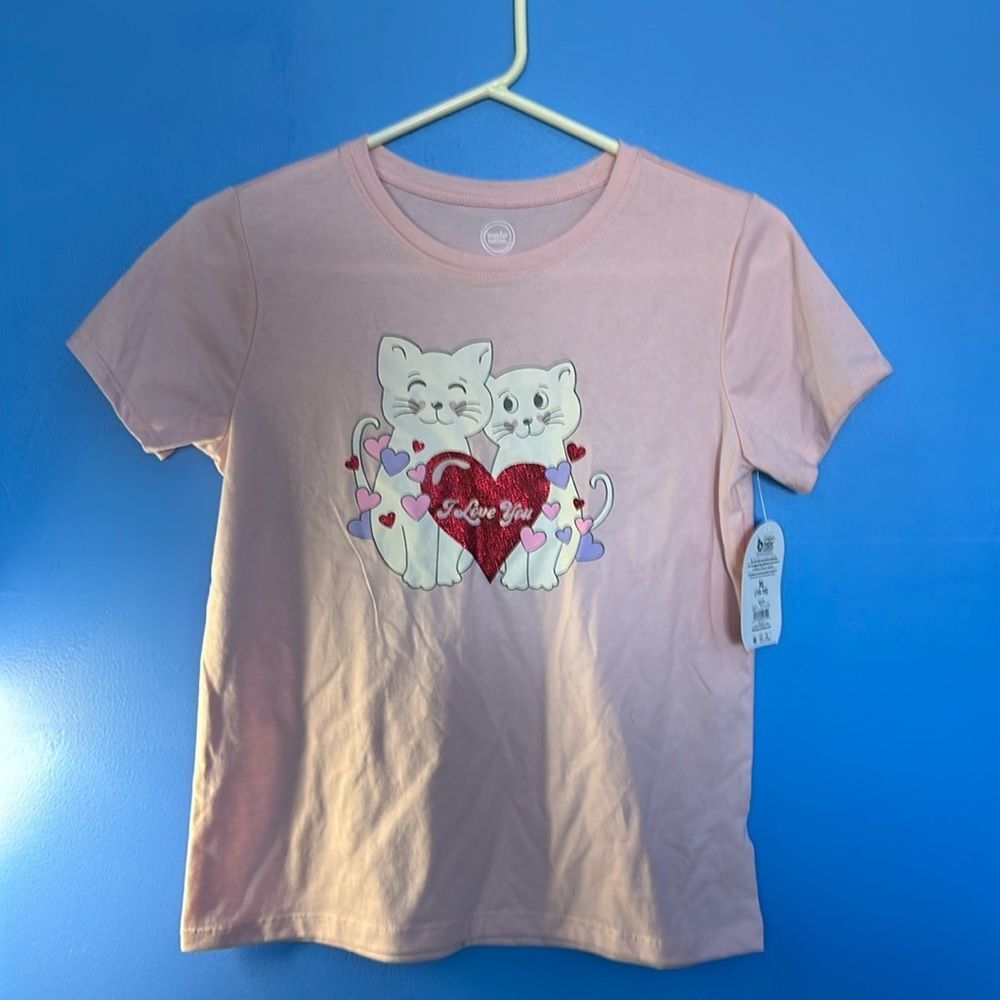 Wonder Nation Girl's Pink Cat T-Shirt "I Love You" Short Sleeve Tee L
